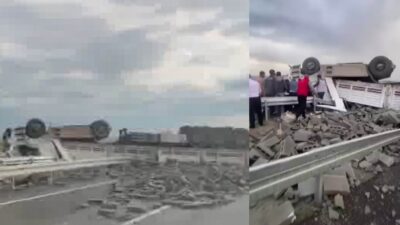 Diyarbakır’da sürücüsünün direksiyon hakimiyetini kaybettiği briket yüklü tır yan yattı.