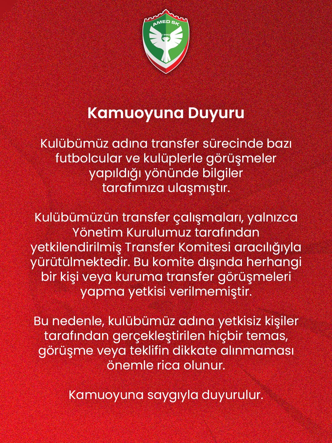 Amedspor’dan transfer iddialarına ilişkin açıklama