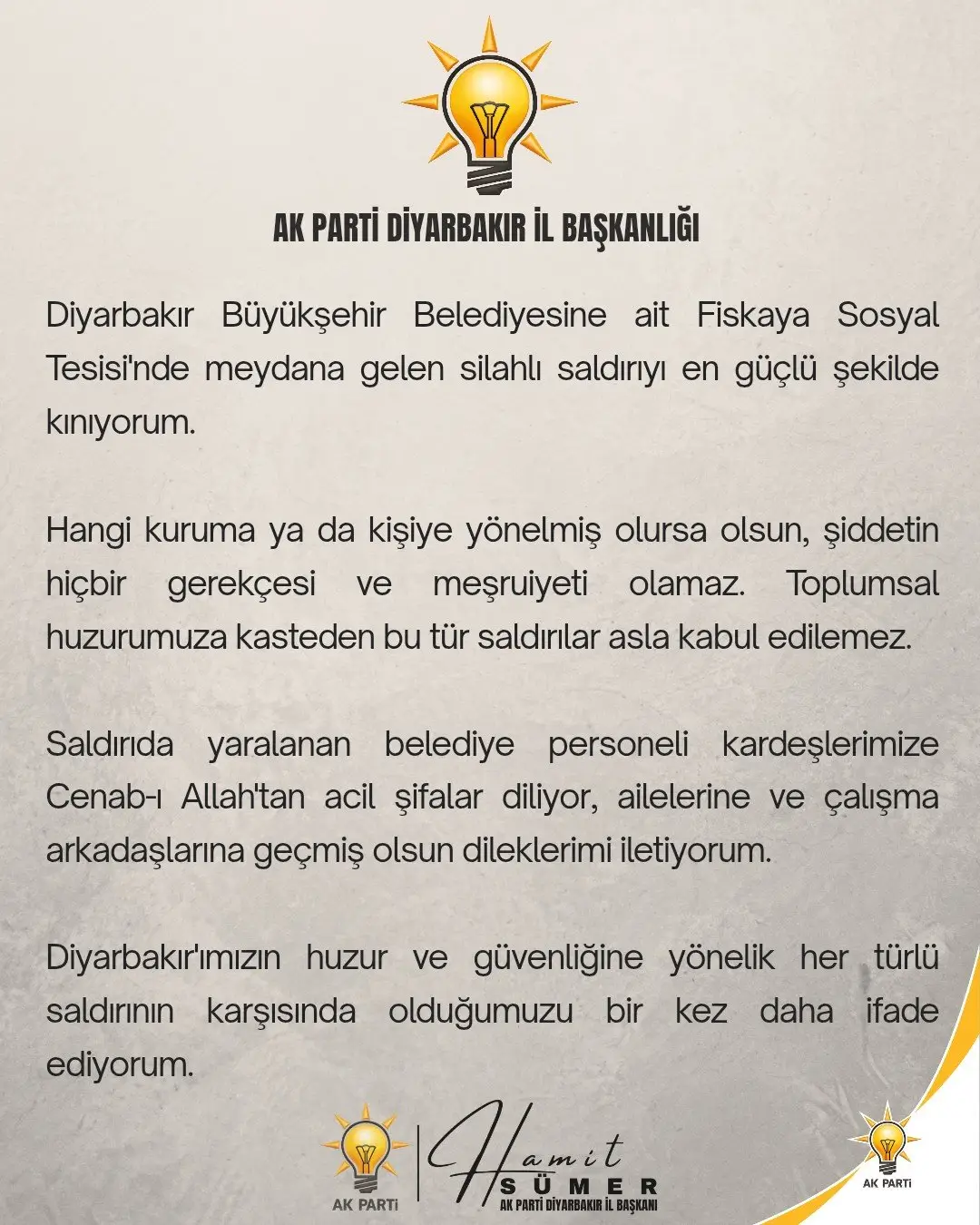 AK Parti Diyarbakır İl Başkanı Sümer, Büyükşehir tesisine saldırıyı kınadı